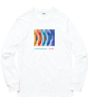 White sweatshirt with colorful abstract design and text on a white background
