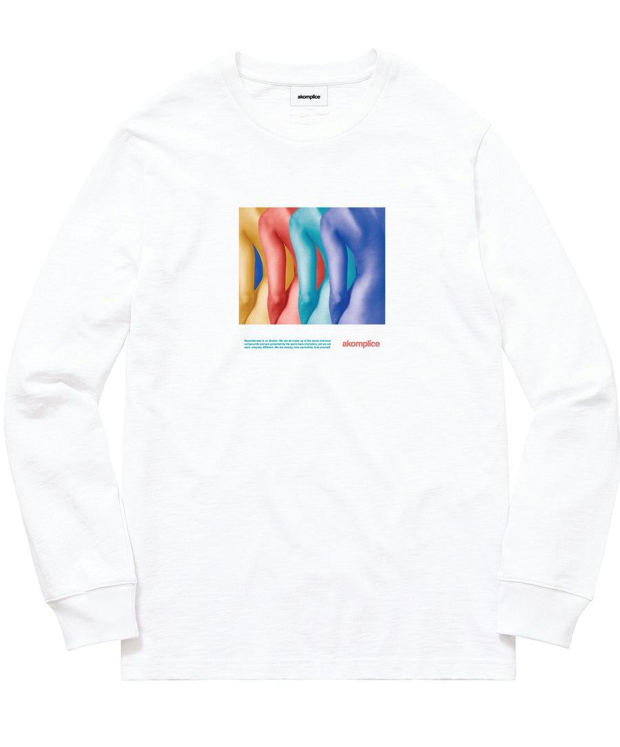 White sweatshirt with colorful abstract design and text on a white background