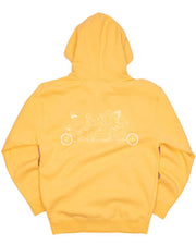 Yellow hoodie with a white graphic design on the back against a white background