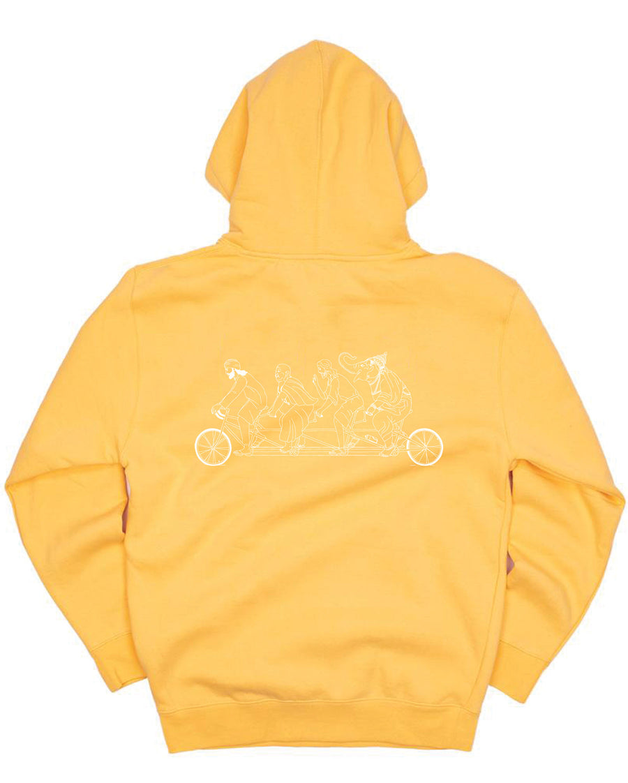 Yellow hoodie with a white graphic design on the back against a white background