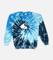 Blue and white tie-dye sweatshirt with a logo on a light gray background
