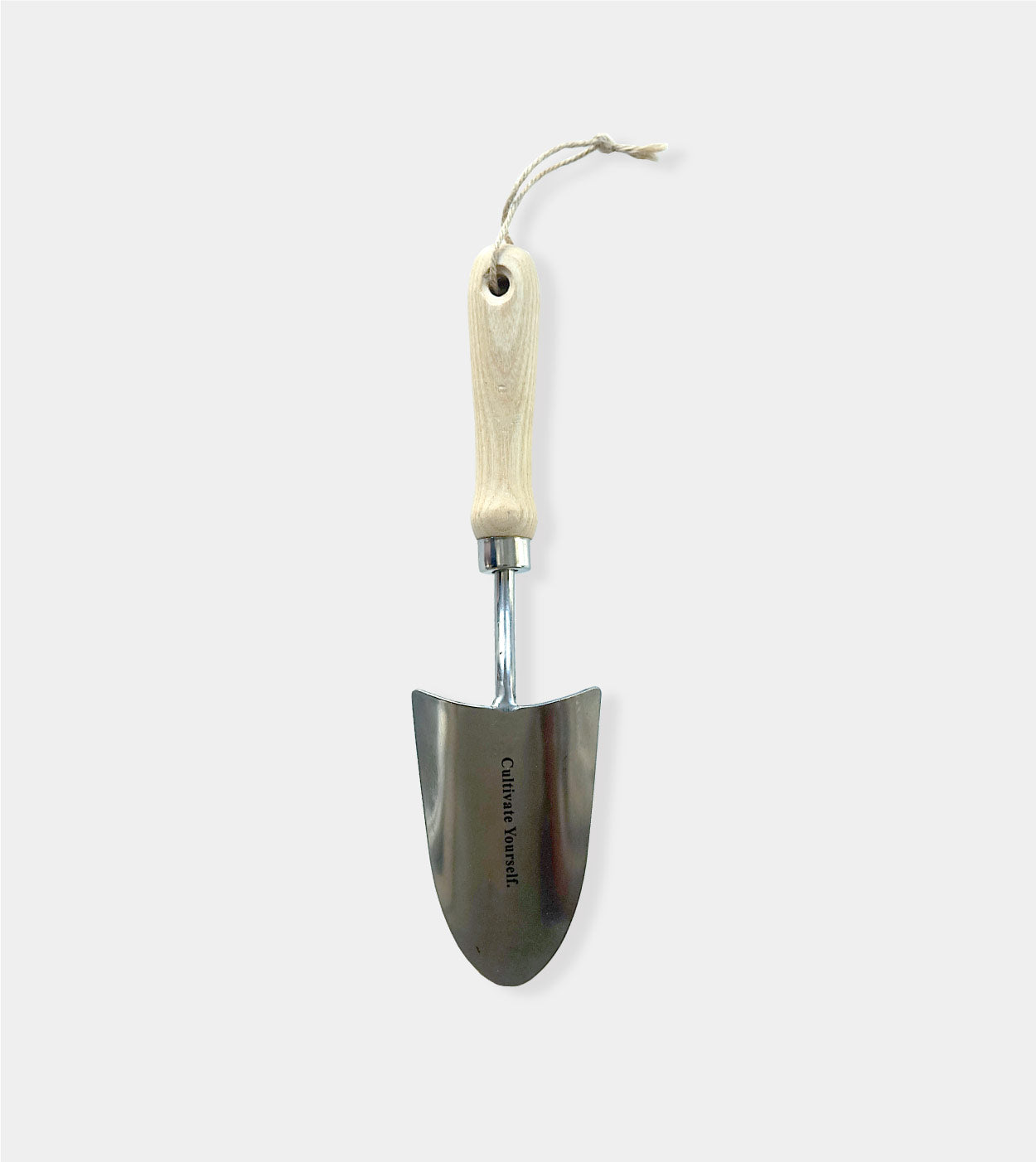 Gardening trowel with a wooden handle on a white background