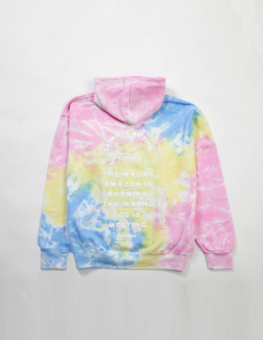Tie-dye hoodie with text on a white background