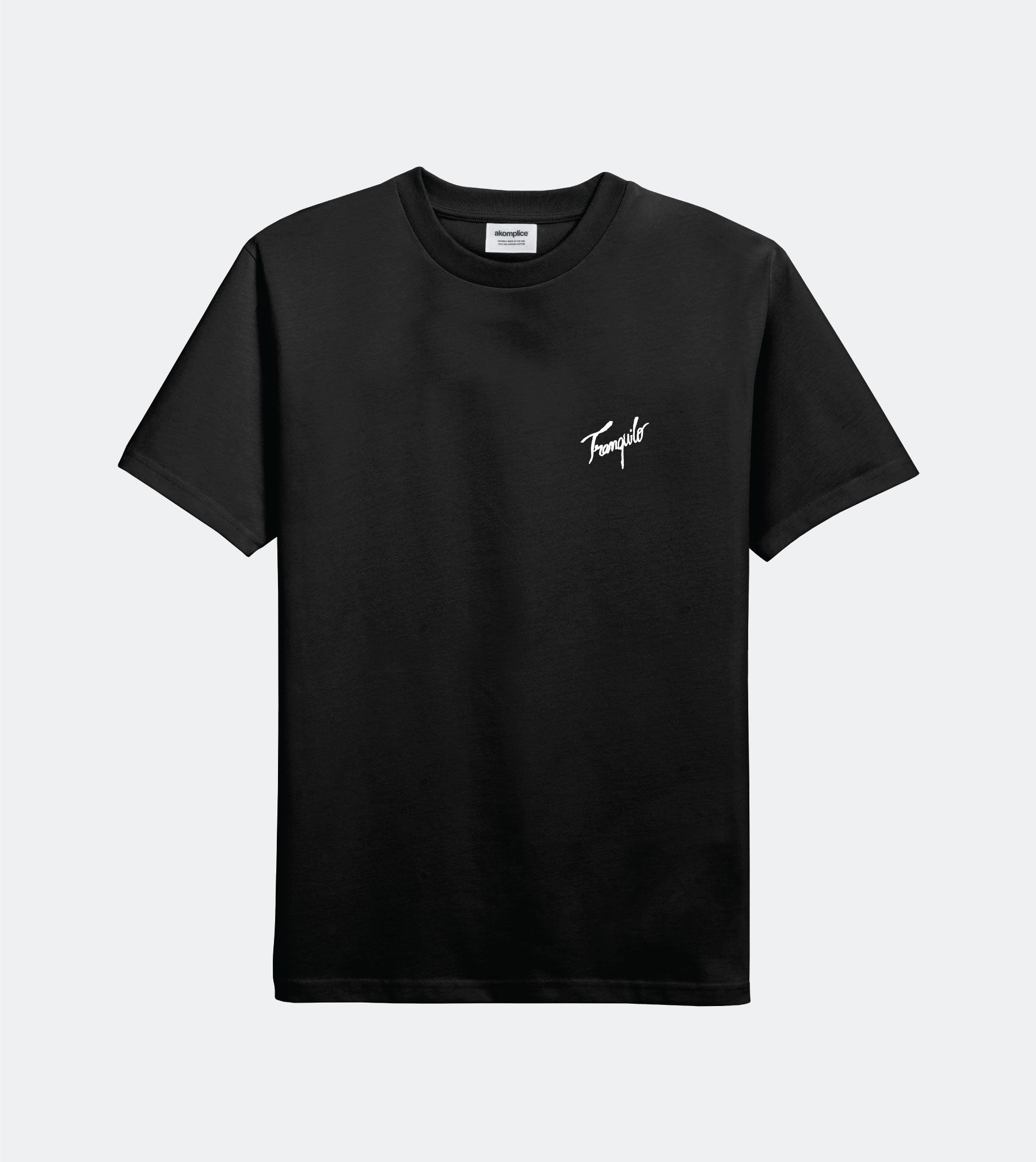 Black t-shirt with a small white logo on a light gray background