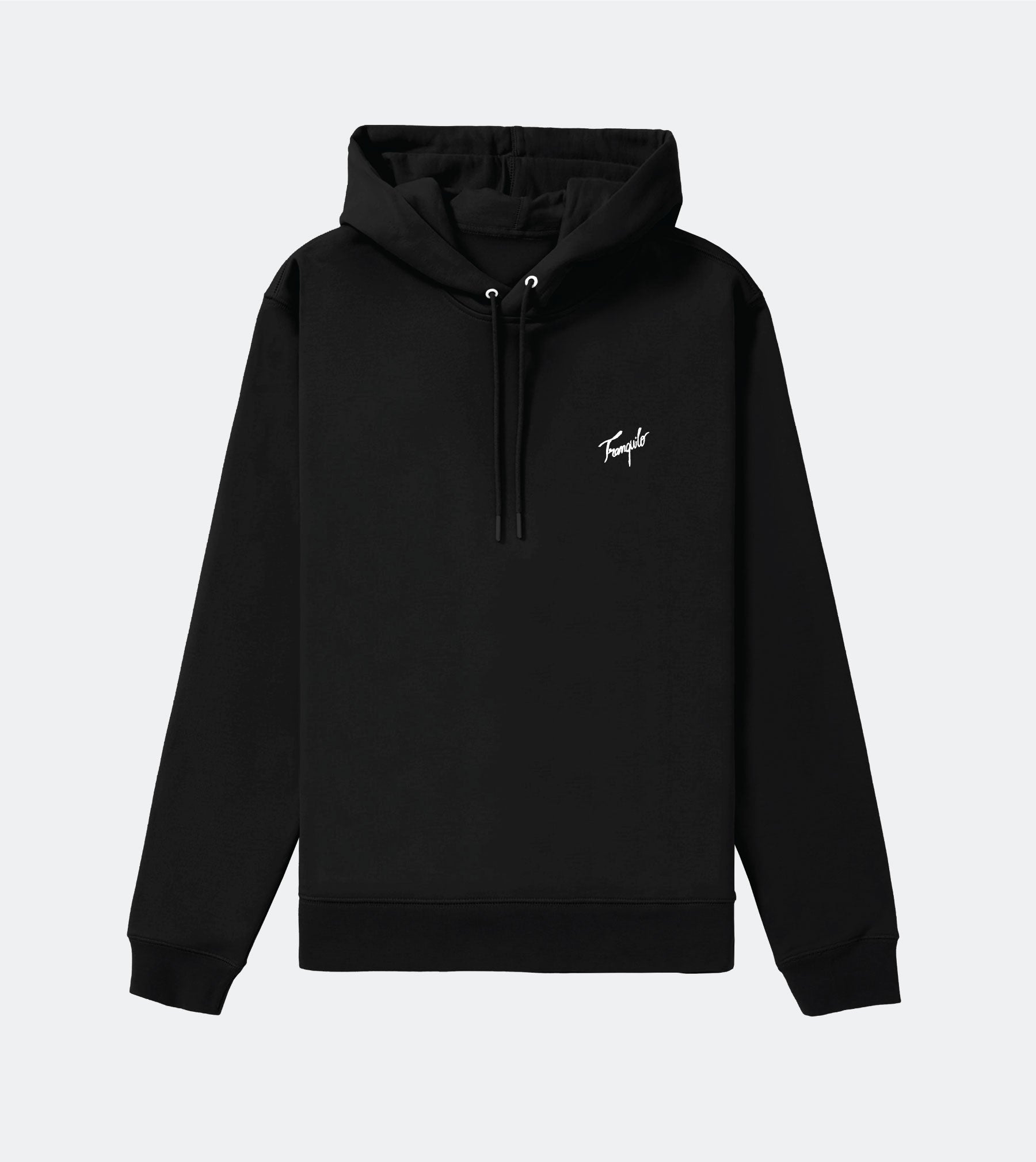 Black hoodie with a small white logo on a light gray background