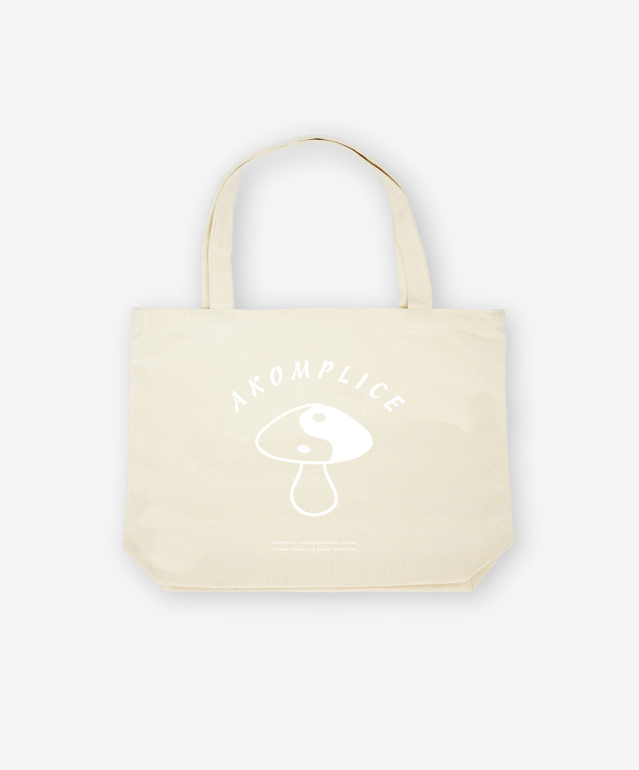 Beige tote bag with a logo and text on a white background