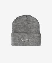 Gray beanie with white text on a white background