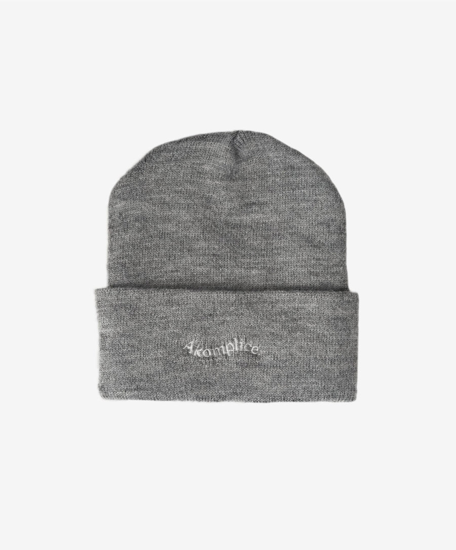 Gray beanie with white text on a white background