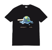 Black t-shirt with a graphic of a melting Earth on a white background