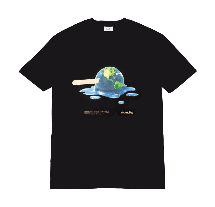 Black t-shirt with a graphic of a melting Earth on a white background