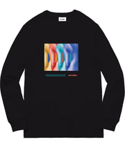 Black long-sleeve shirt with colorful abstract design on a white background