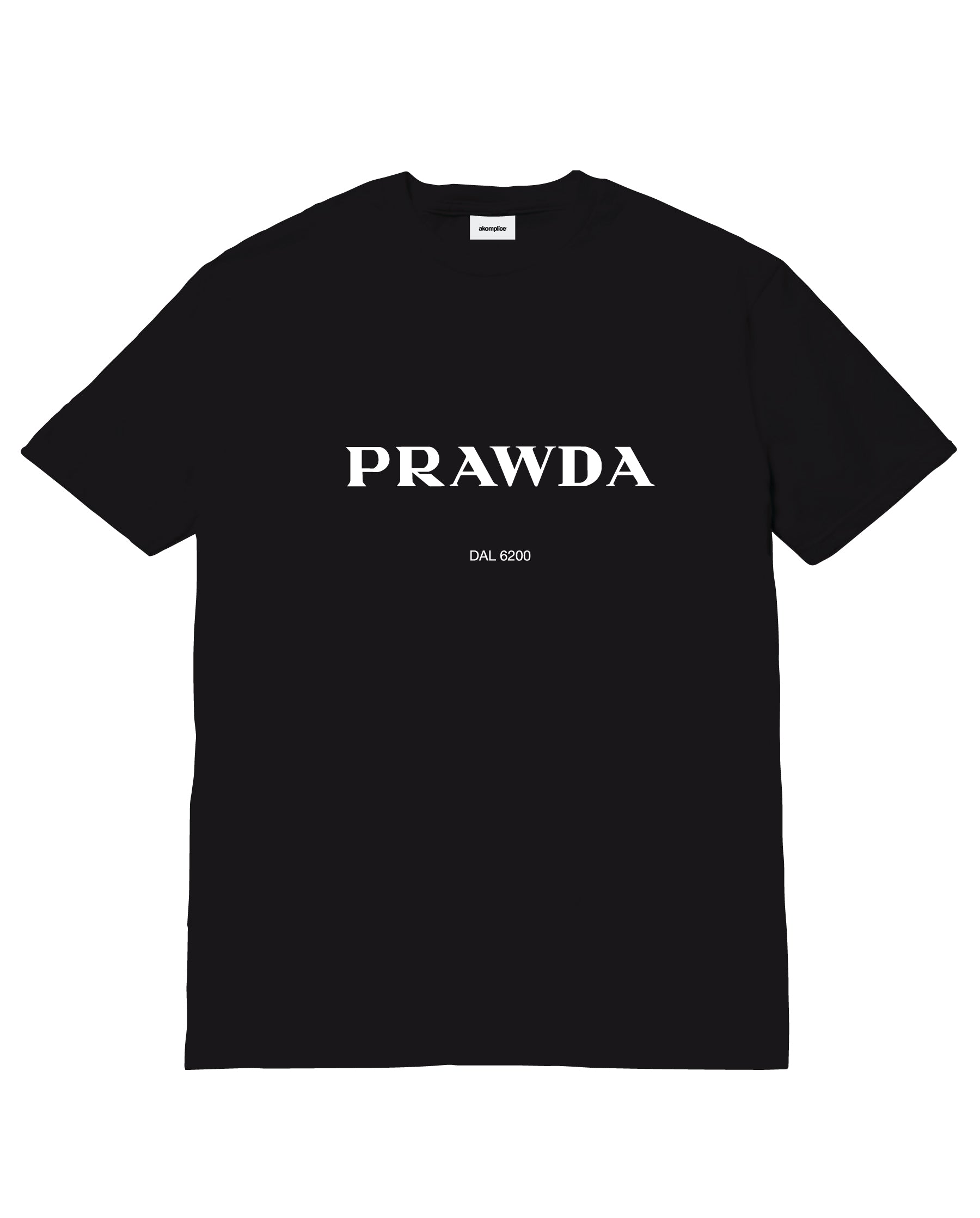 Black t-shirt with 'PRAWDA' text on a white background