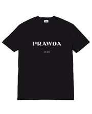 Black t-shirt with 'PRAWDA' text on a white background
