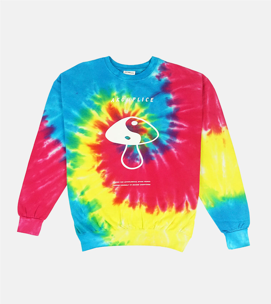 Colorful tie-dye sweatshirt with a logo on a light gray background