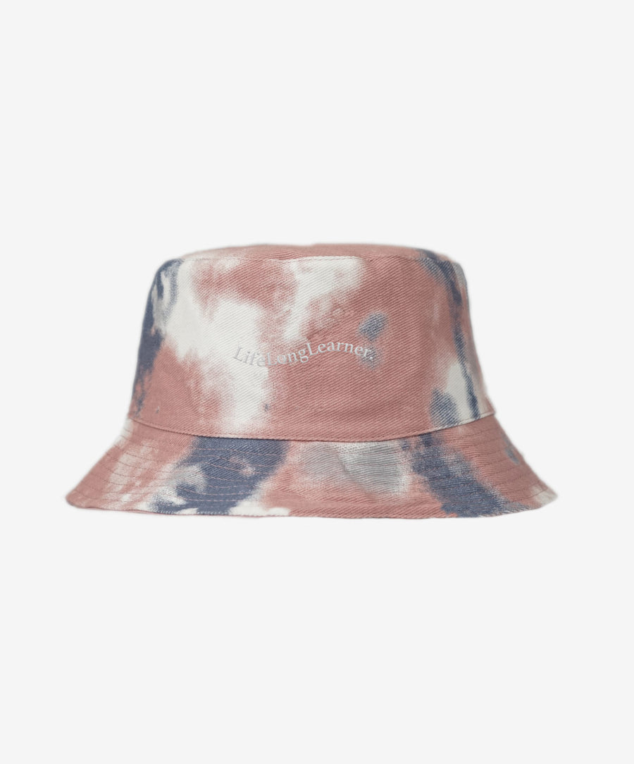 Tie-dye bucket hat with a brand logo on a white background