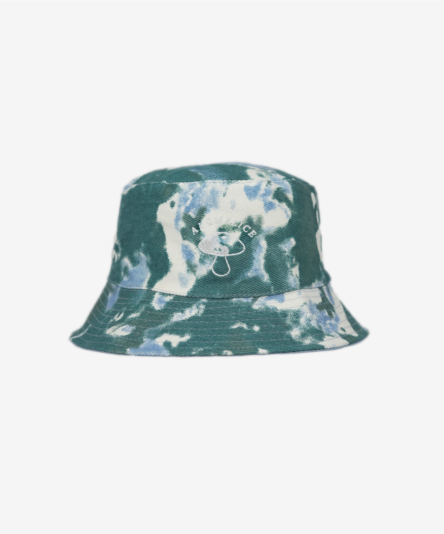 Bucket hat with tie-dye pattern and visible brand logo on a white background