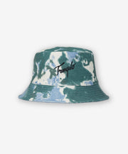 Bucket hat with tie-dye pattern and brand logo on a white background