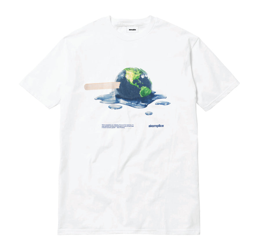 White t-shirt with a graphic of a melting ice cream cone with the Earth on top, on a white background.