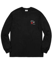 Black long-sleeve shirt with a small graphic on the chest against a white background