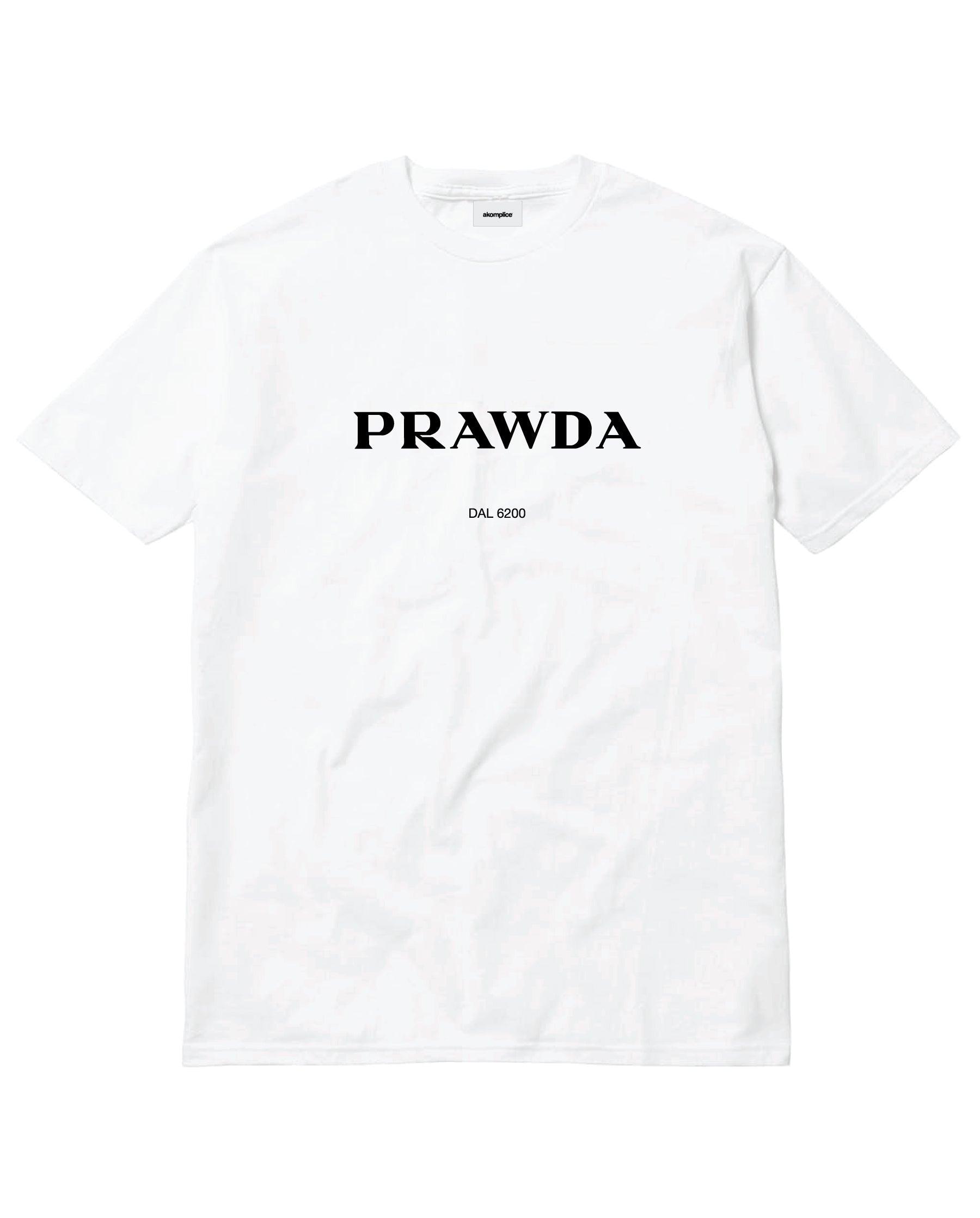 White t-shirt with 'PRAWDA' text on a white background