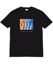 Black t-shirt with a colorful graphic on a white background