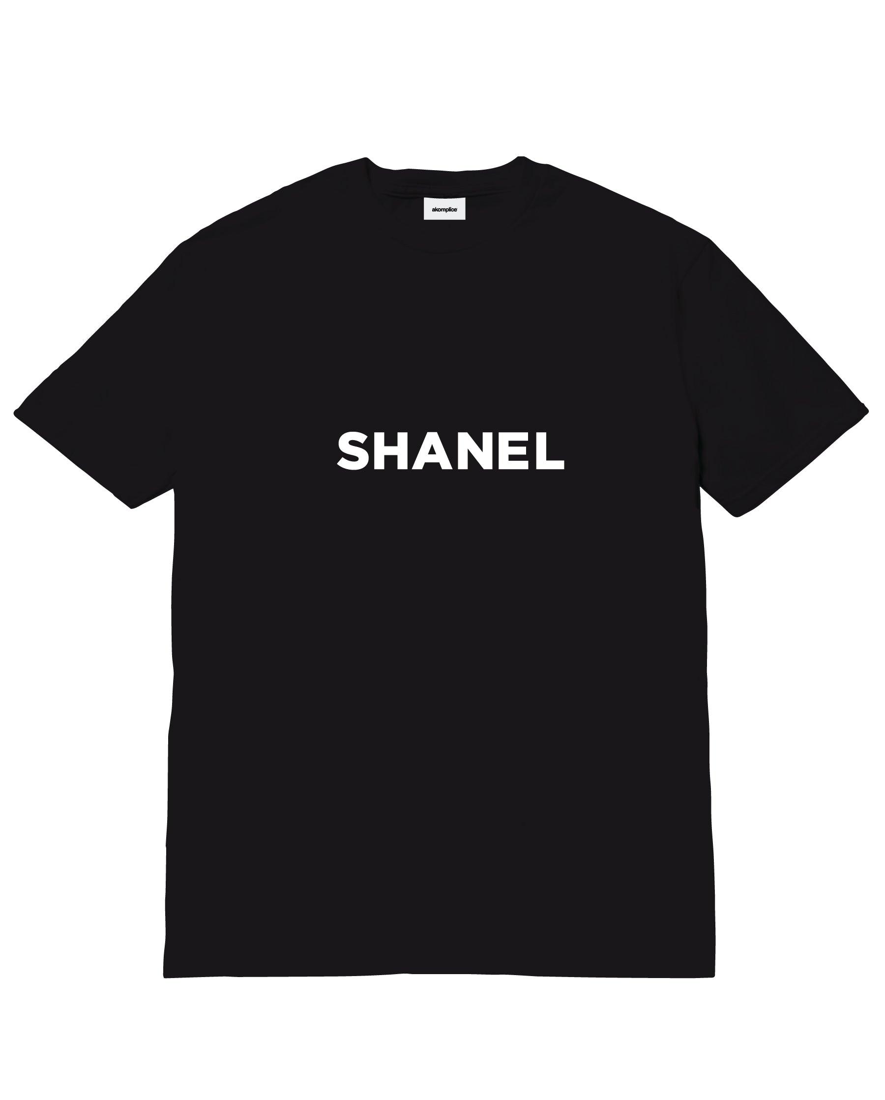 Black t-shirt with 'SHANEL' printed on it against a white background