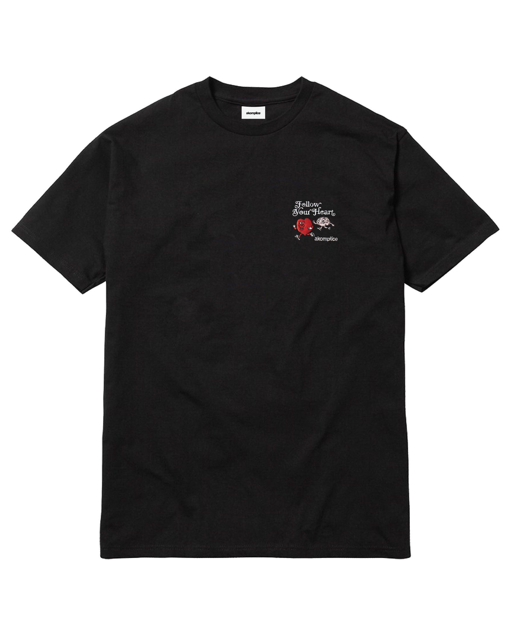 Black t-shirt with a small logo on the chest against a white background