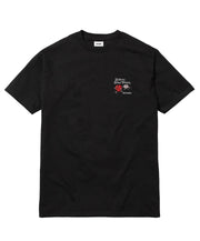 Black t-shirt with a small logo on the chest against a white background