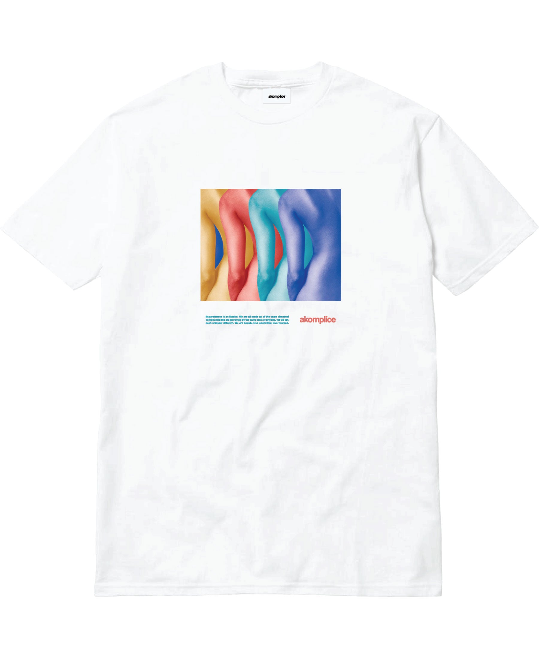 White t-shirt with colorful graphic and text on a white background