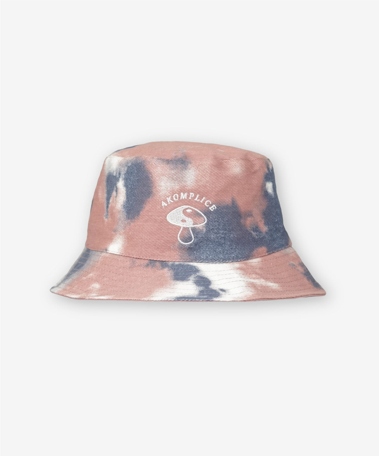 Tie-dye bucket hat with a brand logo on a white background