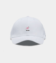 White cap with a pink flamingo design on a light gray background