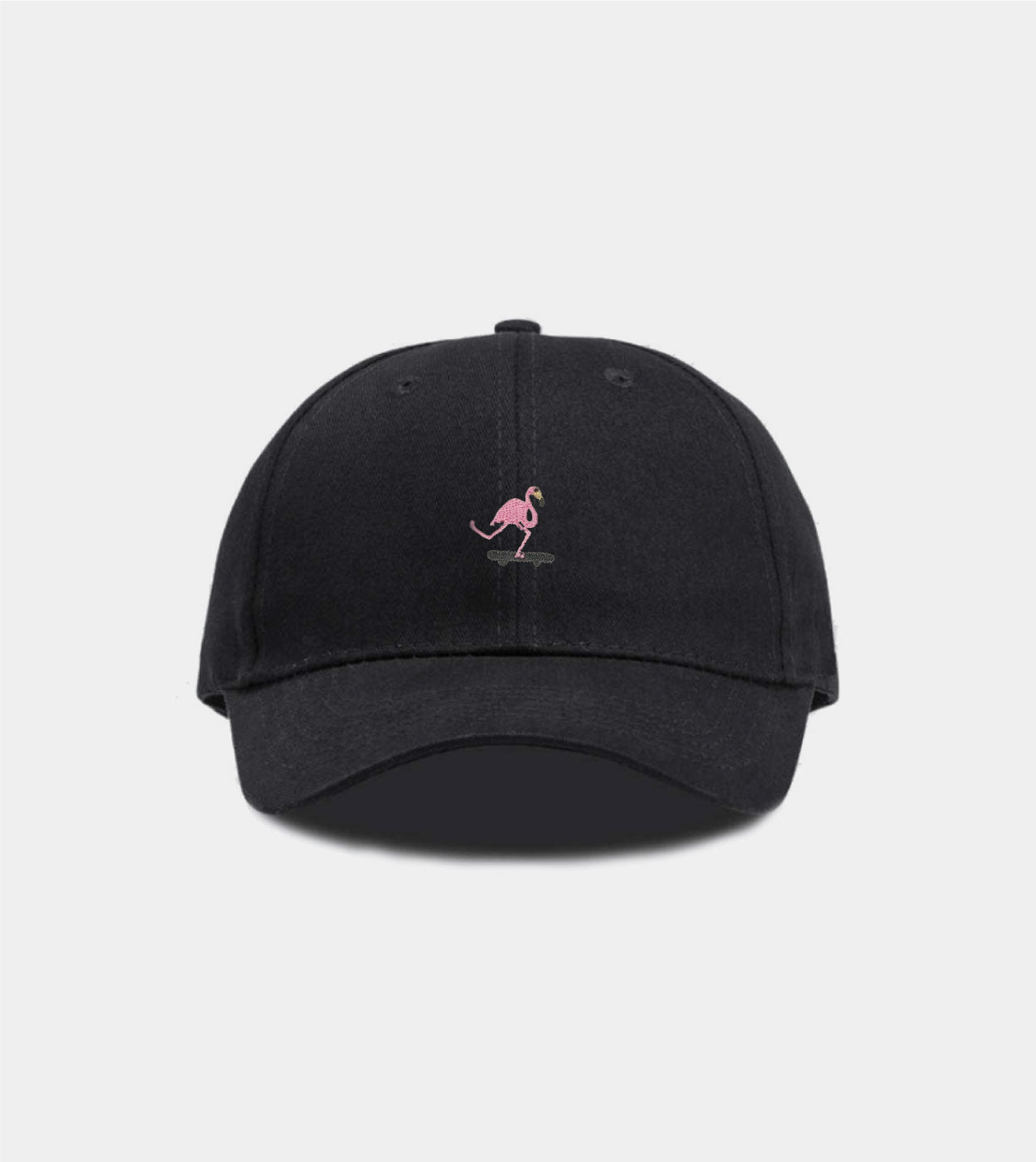 Black cap with a pink flamingo logo on a light gray background