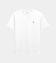 White t-shirt with a small logo on a white background