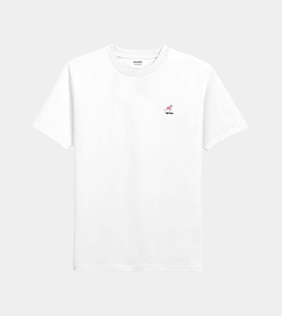 White t-shirt with a small logo on a white background