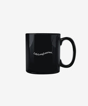 Black mug with 'LifeLongLearner' text on a white background