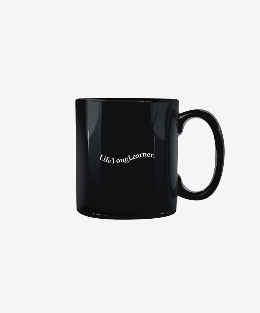 Black mug with 'LifeLongLearner' text on a white background