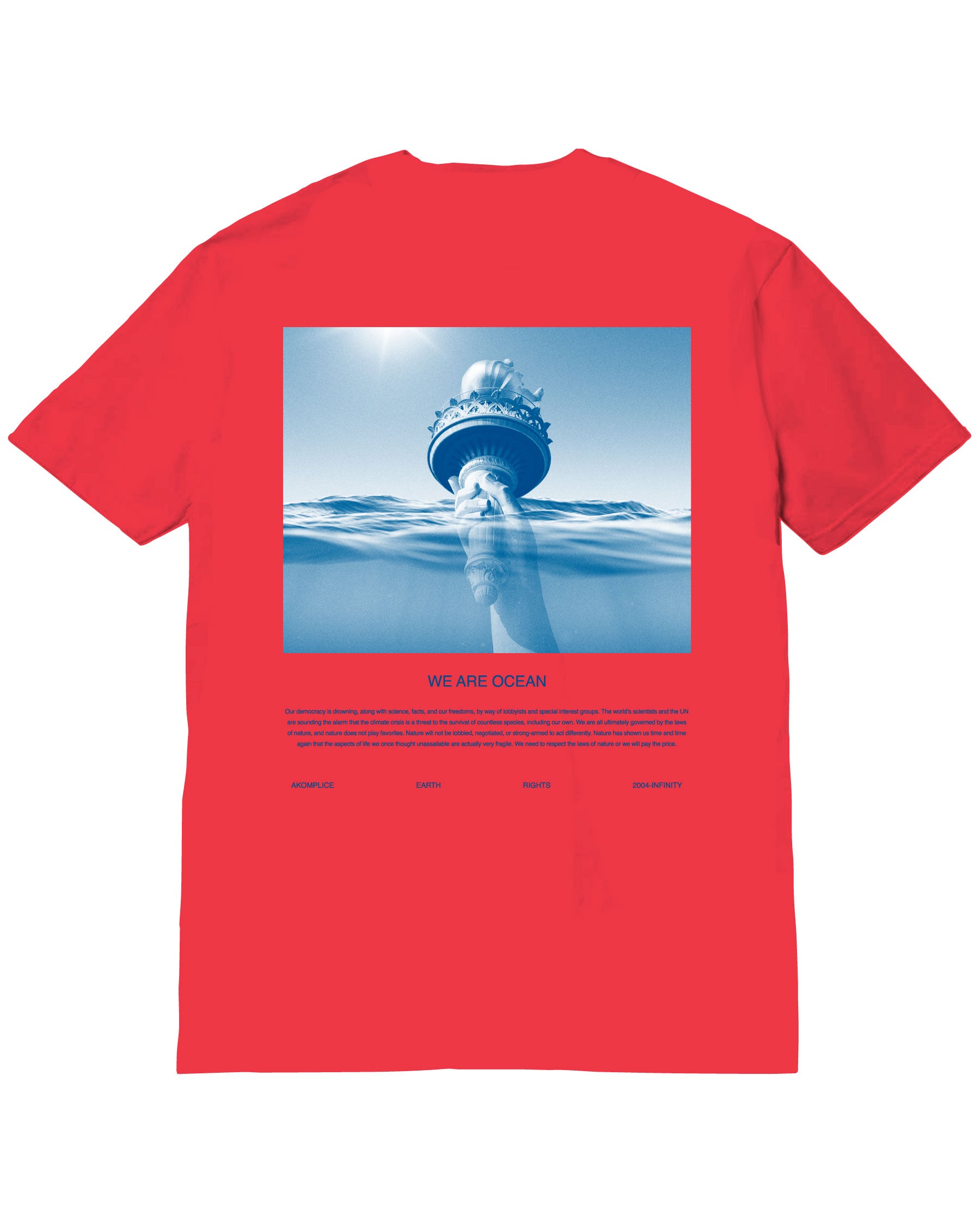 Red t-shirt with a graphic of a ship and ocean on the back, on a white background