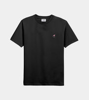 Black t-shirt with a small pink logo on a light gray background