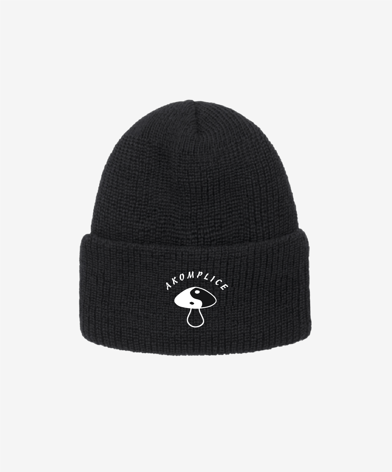 Black beanie with white logo and text on a light gray background