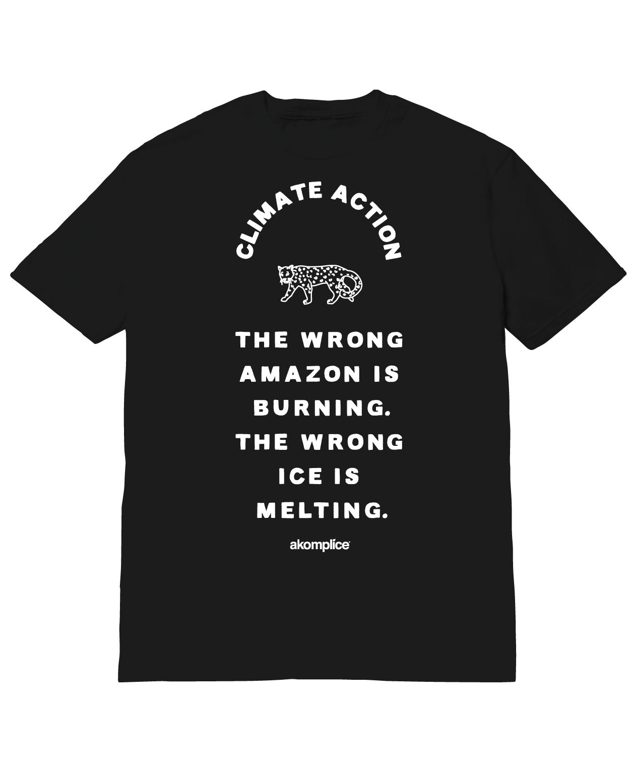 Black t-shirt with white text and graphic on a white background