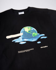 Black sweatshirt with a graphic of a melting Earth on a popsicle, featuring the brand 'akomplice'.