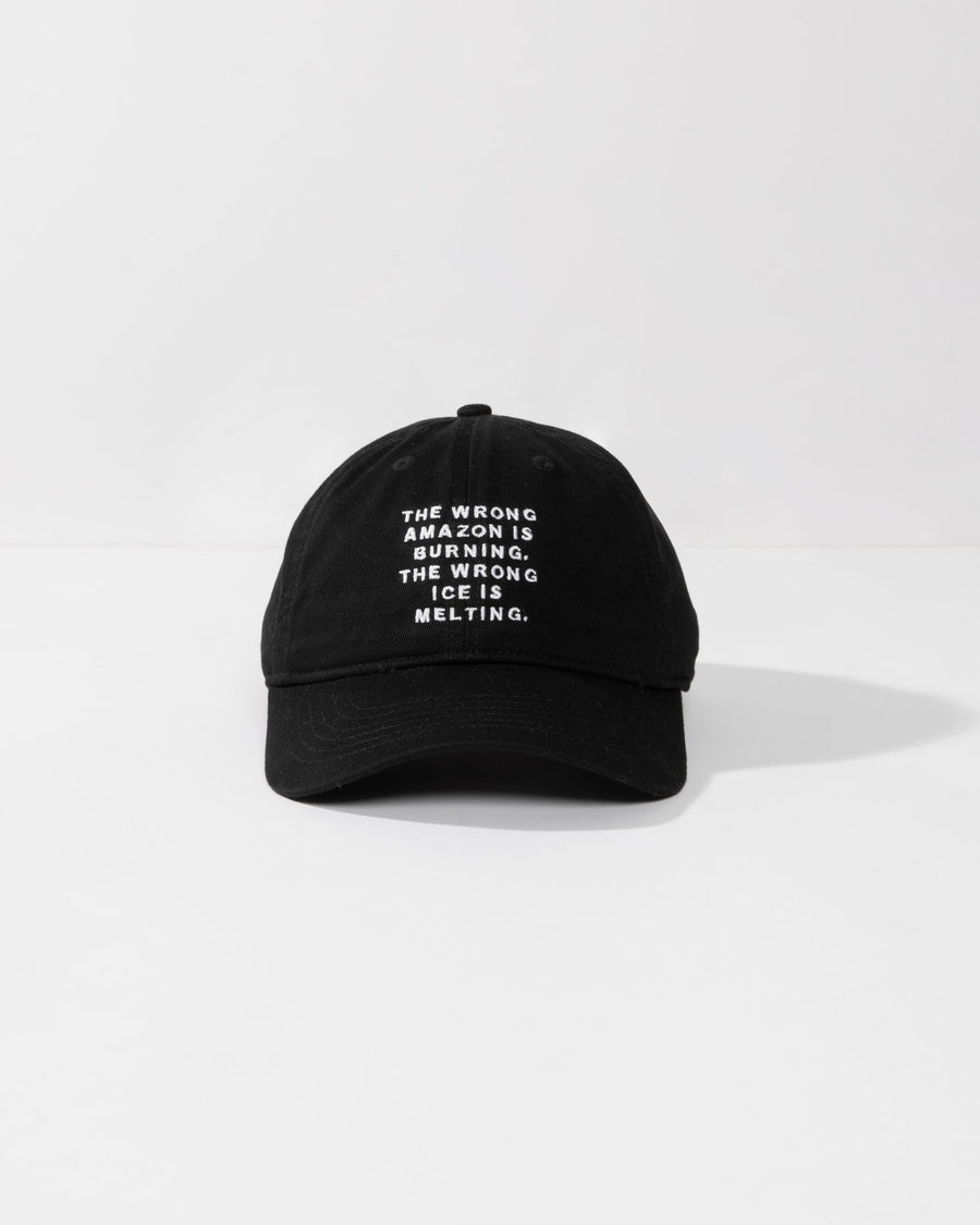 Black cap with white text on a white background