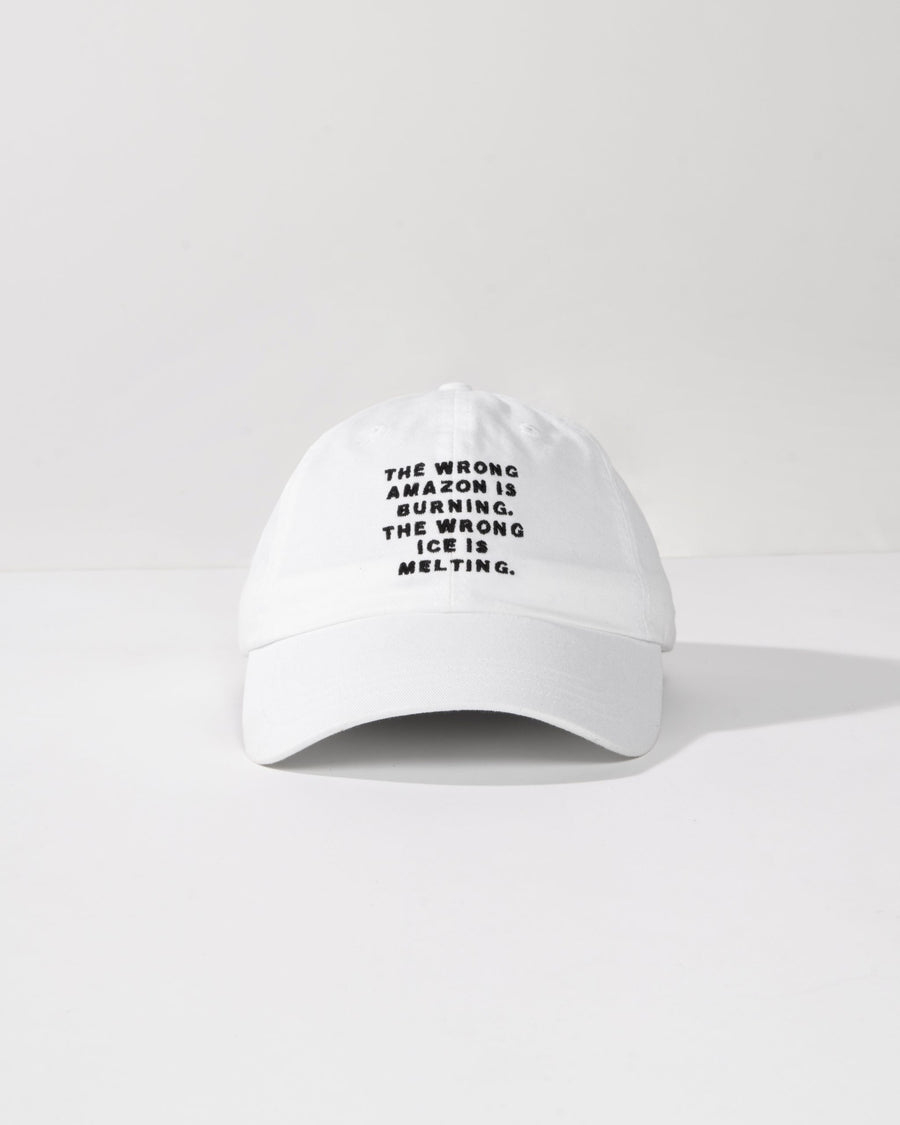 White cap with black text on a white background