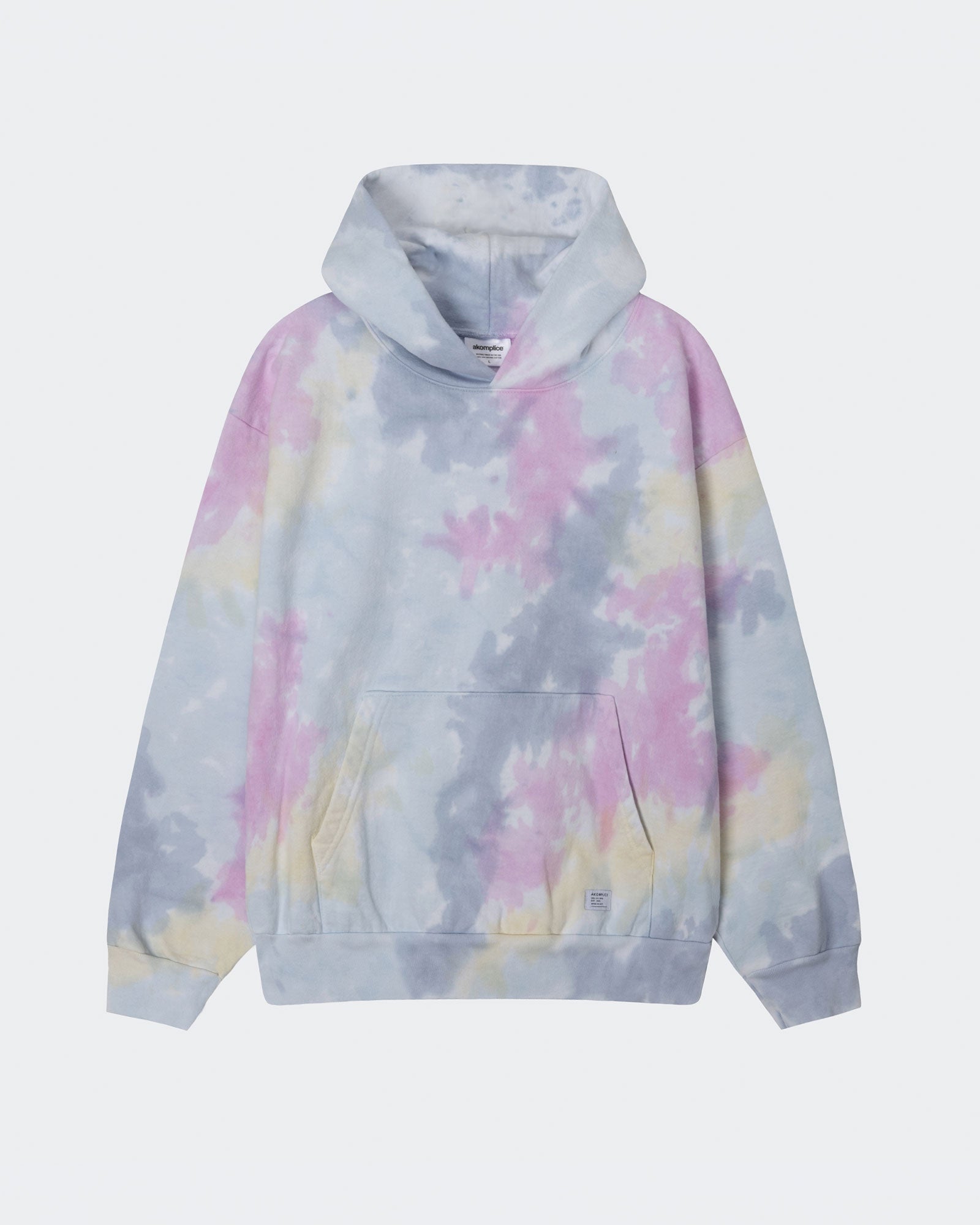 Tie-dye hoodie with pastel colors on a white background