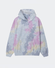 Tie-dye hoodie with pastel colors on a white background
