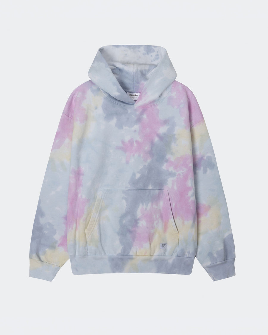 Tie-dye hoodie with pastel colors on a white background