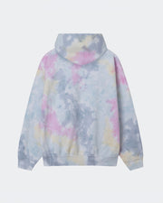 Tie-dye hoodie with pastel colors on a light gray background