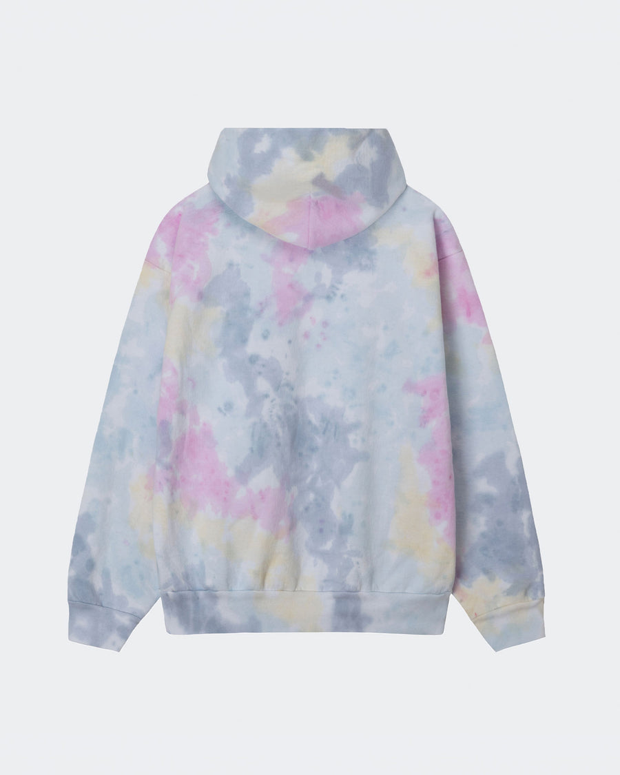 Tie-dye hoodie with pastel colors on a light gray background