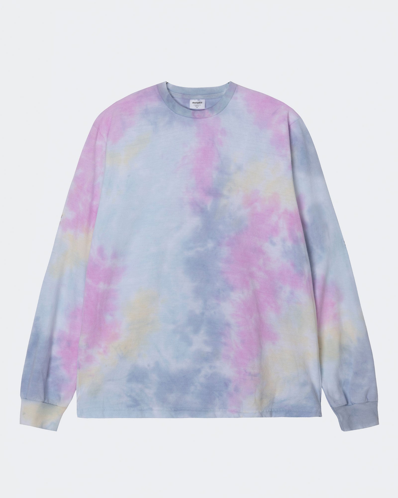 Tie-dye long-sleeve shirt with pastel colors on a light gray background