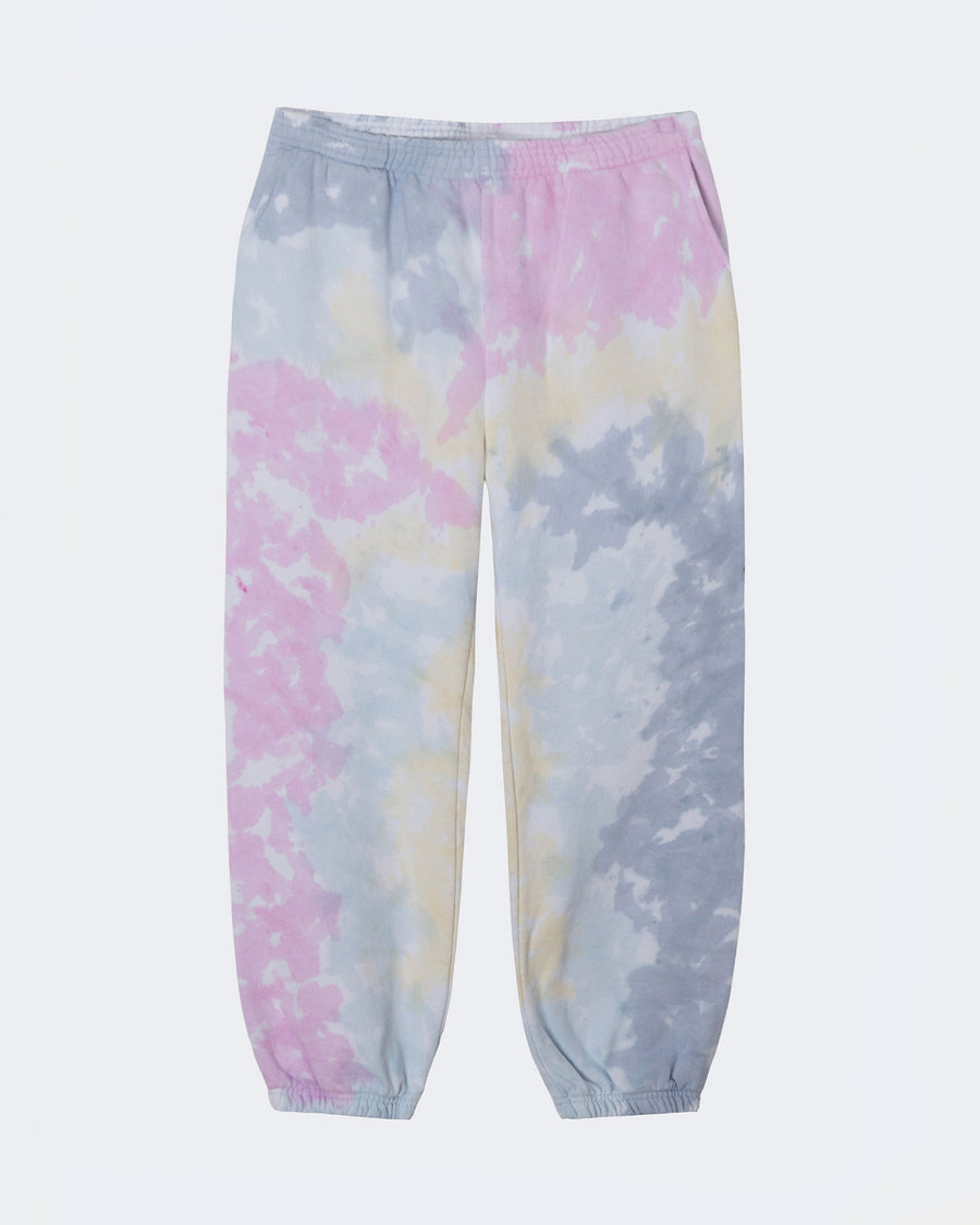 Tie-dye sweatpants with pastel colors on a white background